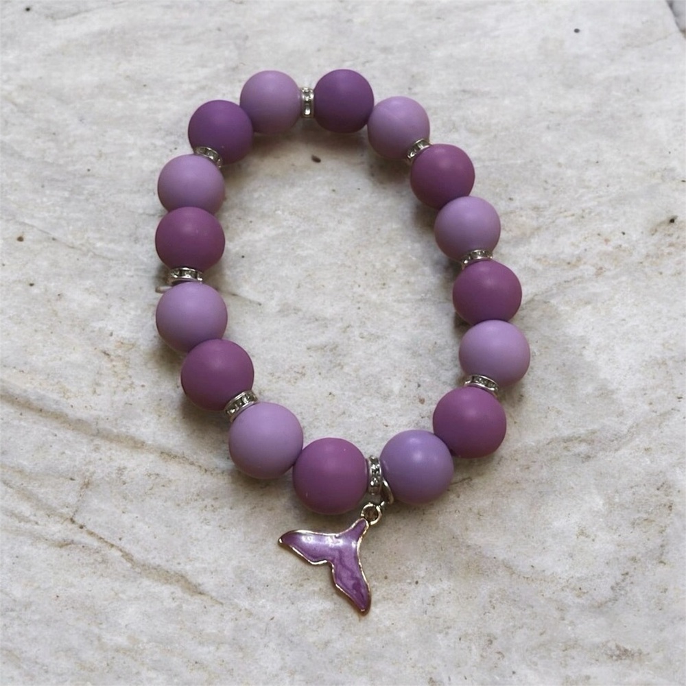 Lavender Beaded Bracelet with Mermaid Tail Charm (elastic stretch)